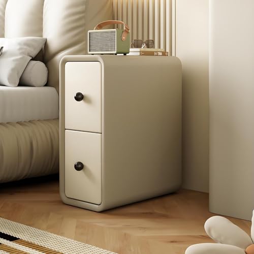 HanDpi Schmaler Nachttisch mit 2 Schubladen, Beistelltisch aus Massivholz und Kunstleder, moderner, schmaler, Kleiner Nachttisch fürs Schlafzimmer, Grau1