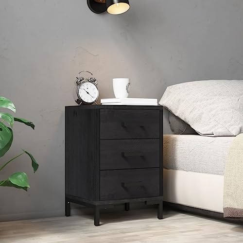 OHOOWOO Nachttisch Schwarz 40x30x55 cm Massivholz Kiefer,Vintage Nachttisch mit Metallfüßen aus massivem Kiefernholz für Schlafzimmer und Wohnzimmer Schlafzimmer, Nachttische