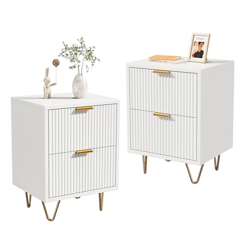 WSOFZMO Nachtschrank 2er Set, Nachttisch mit 2 Schubladen und Beine aus Metall aus Holz, Nachttisch für Boxspringbett, Kleines Möbelstück für Schlafzimmer, Wohnzimmer, Beistelltisch Weiß (Neu06)