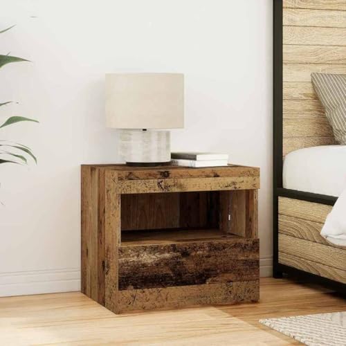 QUAHEAS Nachttisch mit Schublade, Altholz Optik, 50x40x45cm, Holzwerkstoff, USB LED Beleuchtung, Beistelltisch für Schlafzimmer, rustikaler Stil