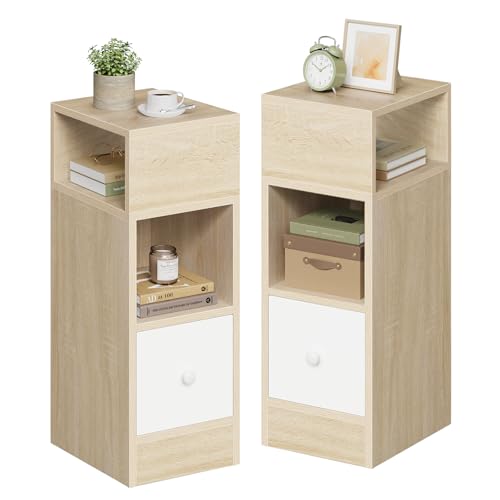 EUGAD Nachttische 2er Set, schmal, Beistelltisch mit 2 offenen Ablagen und 1 Schublade, 25x66x30 cm, Nachtschrank im Schlafzimmer, Nachtkästchen aus Holzwerkstoff, Hell Eiche, 0192ZZ-2