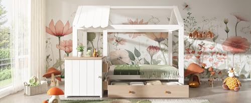 Gecheer Hausbett Kinderbett 90x200 cm aus Massivholz mit Schubladen abnehmbarem Nachttisch for Kinder Schlafzimmer