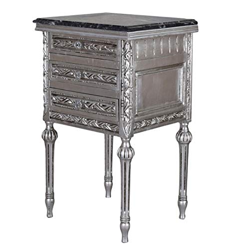 Nachtkommode „Madame Josephine“ – Barock Nachtschrank aus Holz mit Silberoptik & Marmorplatte (H 74 cm), Antik-Stil Kommode handgearbeitet cat825 Palazzo Exklusiv