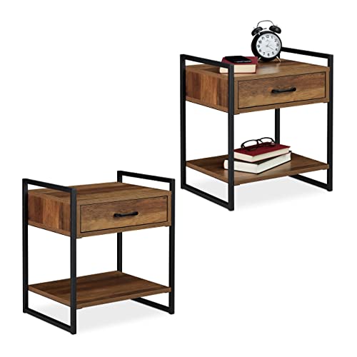 Relaxdays 2 x Nachttisch, Schublade, Industrial, Beistelltisch Wohn- & Schlafzimmer, Metall, HBT: 50x43x37 cm, Holzoptik/schwarz