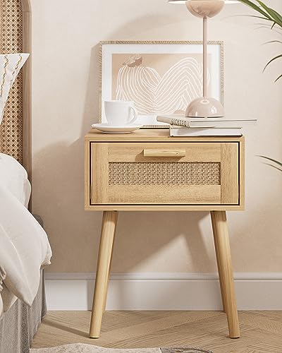 HEYZOEY Nachttisch Rattan, Beistelltisch mit Schublade, Nachtkommode mit Holz Beine für Schlafzimmer, Wohnzimmer, Natur Eiche,Gelb (Yellow)