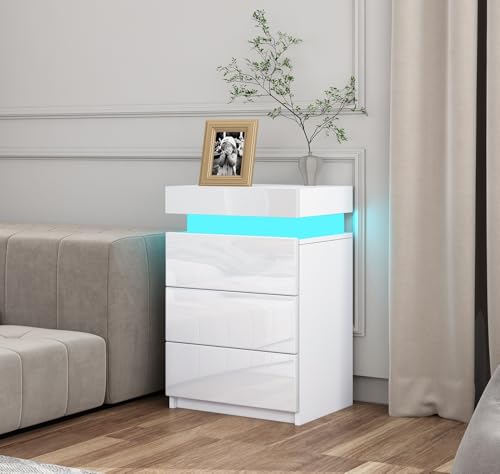 Nachttisch Weiß Hochglanz Nachtschrank Nachtkästchen mit LED, Nachttisch mit Geheimfach und 3 Schubladen Push-to-Open System, Kommode für Schlafzimmer Wohnzimmer 45x35x67cm (Weiß)