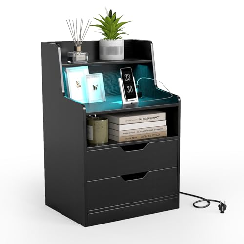 COSTWAY Nachttisch mit LED-Lichtern und Ladestation, Beistelltisch mit 2 Schubladen, offenen Fächern & Fernbedienung, Sofatisch, Nachtschrank für Boxspringbett, 45 x 35 x 72,5 cm (Schwarz)