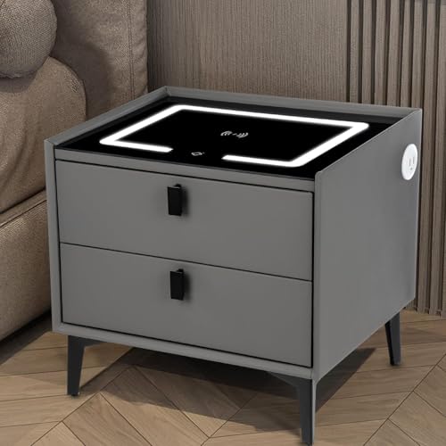 Oyajia Schwarz Smart Nachttisch mit Funktion des Mobiltelefons kabelloses Aufladen, Nachttisch mit LED-Licht, 2 Schubladen Bettschrank, Kommode, Wohnzimmer, Schlafzimmermöbel.