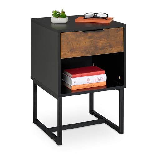 Relaxdays Nachttisch mit Schublade, HBT: 60,5 x 40 x 41,5 cm, Industrial, Holzoptik, Metall, Nachtschrank, schwarz/braun