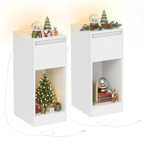 VASAGLE Nachttisch 2er Set, schmal, Beistelltisch, LED-Beleuchtung, 1 USB-A-Anschluss, 1 USB-C-Anschluss, Schublade, offenes Fach, für Schlafzimmer, Wohnzimmer, wolkenweiß LET710W01