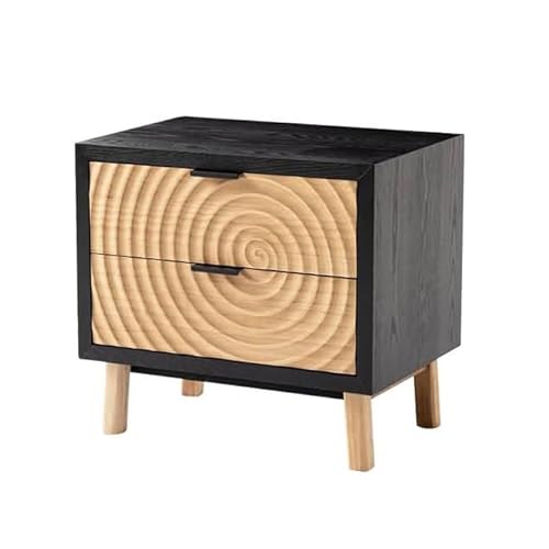 Zouron Nachttisch Schwarz Holz, Nachtkommode Rattan, Beistelltisch Rechteckig Zur Aufbewahrung mit 2 Schubladen Industriestil für Schlafzimmer, 50x35cm Nachtkästchen 13.7cm Hoch