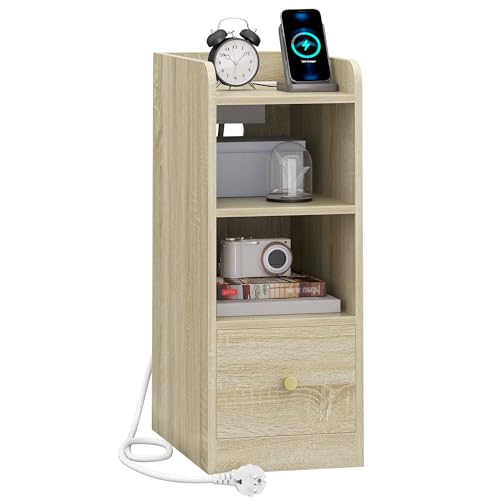 Hzuaneri Nachttisch, Schmal, Beistelltisch mit Ladefunktion, USB & Type C Anschlüsse, Nachttische mit 3 Etagen Stauraum, 1 Schublade, für Schlafzimmer, Wohnzimmer, Eiche NS36416X