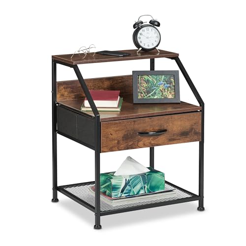 Relaxdays Nachttisch Industrial, 3 Ablagen, Schublade, rustikale Holzoptik, Beistelltisch, HBT 61x47x39cm, schwarz/braun