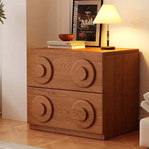 FUKEFUZ Modulares Nachttisch-System aus Massivholz (Kautschuk) – Stapelbarer Würfel-Schrank mit Klapptür & Schublade – Multifunktional als TV-Board, Kommode oder Beistelltisch(Walnut,V-A, Circle)