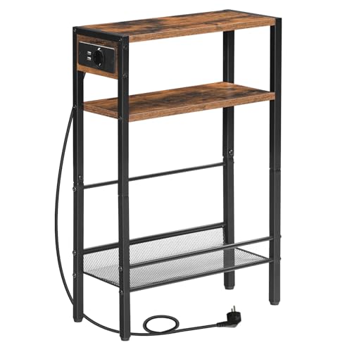 HOOBRO Beistelltisch mit Steckdosenleiste, 3-stufiger schmaler Nachttisch, 1 Standardsteckdose und 2 USB, Zeitschriftenhalter mit Schutzzaun für Wohnzimmer, Schlafzimmer, Vintagebraun EBF102CBZ01