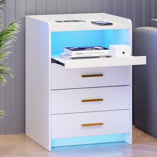 TAGELIER Nachttisch mit Ladefunktion und Led-licht, Nachtschränkchen mit 3 Schubladen, Moderner Nachttische mit Stauraum für Schlafzimmer und Wohnzimmer, Weiß