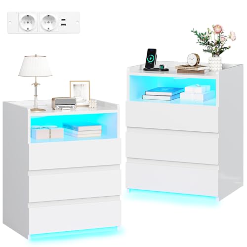 2er Set Nachttisch mit Steckdosenleiste Nachtschrank mit Geräumiger Tischplatte,3 Schubladen und 1 Fach,Beistelltisch mit LED-Beleuchtung,Modern Sofatisch Couchtisch für Wohn- Schlafzimmer (2, Weiß)