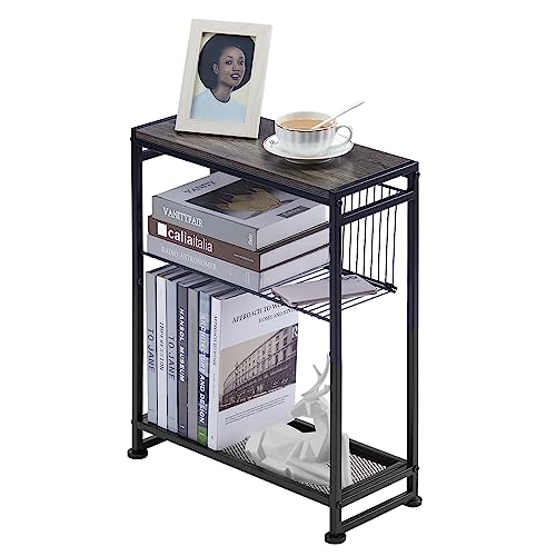 ZEXVIDA Kleiner Beistelltisch mit Zeitschriftenhalter, 2-in-1 schlanker Seitentisch für kleine Räume, schmaler Beistelltisch, dünner Seitentisch für Wohnzimmer, schmaler Nachttisch (Grau)