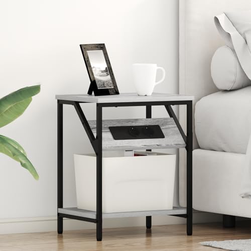 Homgoday Nachttisch Grau Sonoma 38 x 30 x 48 cm Holzwerkstoff Nightstand Model859586