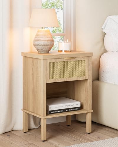 Apetaccat Rattan Nachttisch, Holz Nachttisch Eiche, Boho Nachtschrank mit Schublade und offenem Regal,29x39x61.5cm,für Schlafzimmer,Wohnzimmer Apetaccat Rattan Nachttisch, Holz Nachttisch Eiche, Boho Nachtschrank mit Schublade und offenem Regal,29x39x61.5cm,für Schlafzimmer,Wohnzimmer