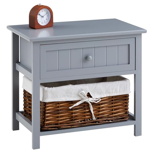 IDIMEX Nachttisch AKURE mit Weidenkorb grau - Schlafzimmer Nachtschrank mit Schublade und Korb, Beistelltisch Landhausstil, kleines Schränkchen, Nachtkommode aus Kiefernholz