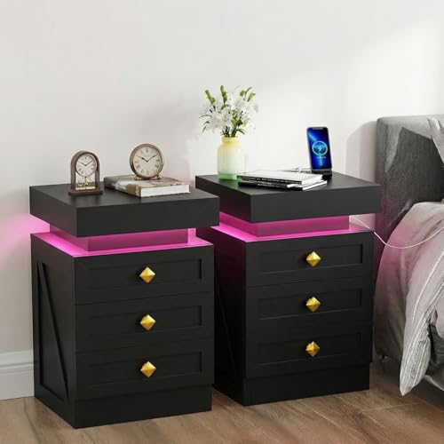 ChromaCasa Nachttisch 2er Set mit Steckdose, 2 AC 2 USB Nachtschrank mit RGB LED Licht Leiste, Beistelltisch Holz mit 3 Schubladen und Schiebedach, FüR Schlafzimmer Wohnzimmer, 35cm Breit Schwarz