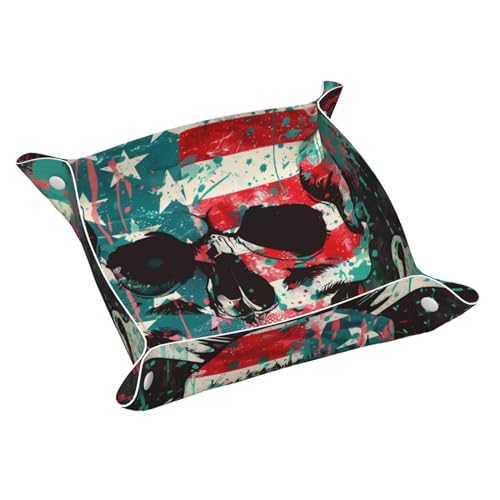 Nachttisch-Organizer mit Totenkopf und gekreuzten Knochen mit amerikanischer Flagge, Schreibtisch-Aufbewahrung splatte, Auffangbehälter für Kleingeld, Schmuck, Schlüssel, Telefon, Uhren, Würfel