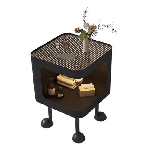 Luocute Nachttisch, Moderner Minimalistischer Nachttisch mit Offenem Regal und Transparentem Glas, Kompakter Ecktisch für Kleine Räume, Schlafzimmer, Wohnzimmer (30 cm Schwarz (ohne Licht))