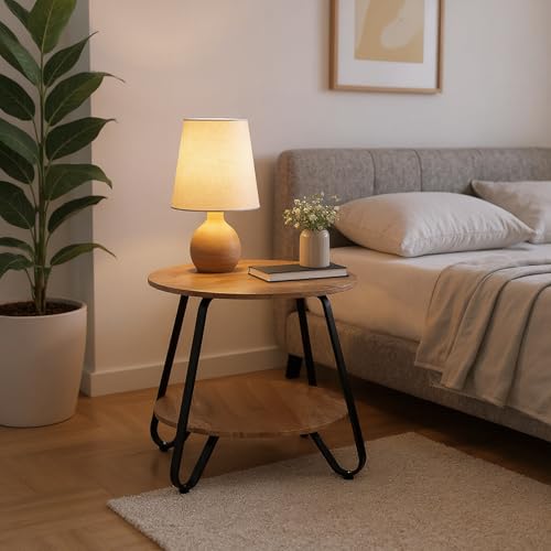 MEUBLE Cosy Nachttisch Ronde Nachtschrank mit offenen Ablagen für Schlafzimmer, Industrie, aus Ingenieurholz Metall, Hellbraun + Schwarz MEUBLE Cosy Nachttisch Ronde Nachtschrank mit offenen Ablagen für Schlafzimmer, Industrie, aus Ingenieurholz Metall, Hellbraun + Schwarz