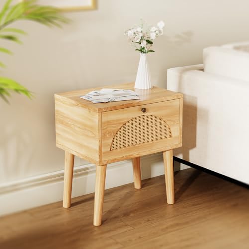 Nachttisch | Nachttisch Rattan | Einfaches Design, großer Stauraum, Beine aus Massivholz, geeignet für Schlafzimmer, Wohnzimmer, klein und exquisit (60x30x40cm)