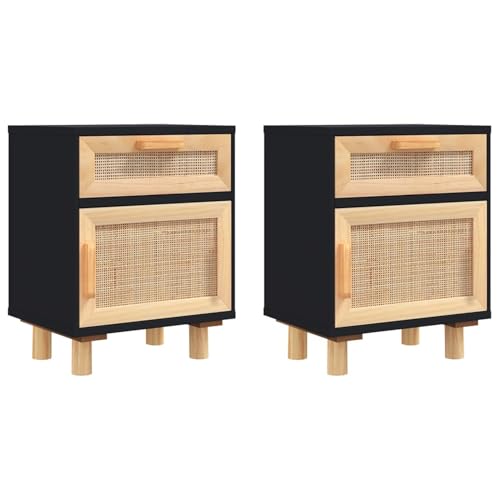 Homgoday Nachttische 2 STK. Schwarz Massivholz Kiefer und Natur-Rattan Nachttisch Model345609