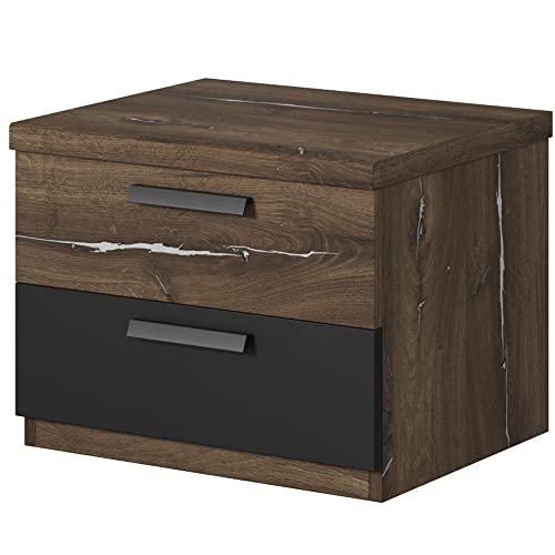 Lomadox Nachttisch Schlafzimmer in Flagstaf Eiche dunkel Nb. und Silber, kombiniert mit schwarz, B/H/T: ca. 46/37/40 cm