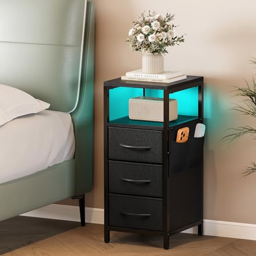 Dripex Nachttisch, schmal, Beistelltisch mit 15 Einstellbarer Farben LED-Beleuchtung, 3 Schubladen, offenes Fach, Nachtschrank für Schlafzimmer, Wohnzimmer, Büro (Schwarz)