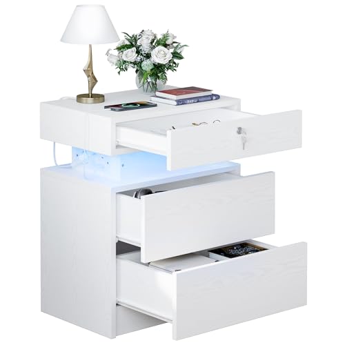 IRONCK Nachttisch mit Steckdose, Nachtschrank mit LED-Beleuchtung, Beistelltisch mit 3 Schubladen, 1 USB- und 1 Typ-C-Anschluss und Schloss, Sofatisch für Wohnzimmer, Schlafzimmer, Weiß