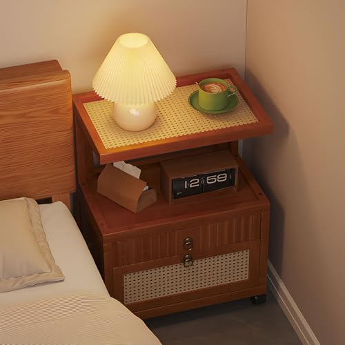 Kompakter Nachttisch aus Holz mit Schubladen, 360° rollbares Lagerregal, Beistelltisch für kleine Räume, vielseitiger Nachttisch für Schlafzimmer, Wohnzimmer & Balkon, Stil B