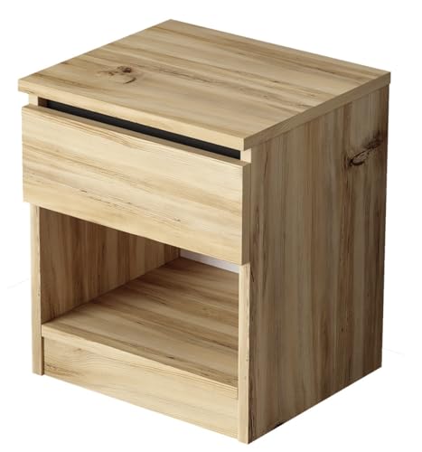 HowHomely Nachttisch in Eichenfarbe | Nachtschrank mit Schublade und Offenem Fach | Nachtkästchen 46x40x35,5 cm | Beistelltisch Bett | Nachttischschrank für Schlafzimmer Wohnzimmer