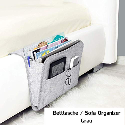 workbees Betttasche, Sofa Organizer | Dicke Filz Anti Rutsch Tasche für Buch, Zeitschriften, iPad, Handy, Fernbedienung (Grau)