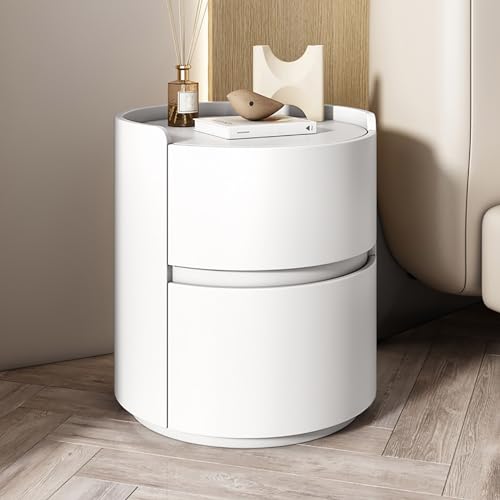 Moderner minimalistischer Nachttisch aus Massivholz mit runden Schubladen, Schlafzimmer-Beistelltisc h & Kommode, Mini-Nachttisch aus Holz & Aufbewahrungsschrank, Weiß