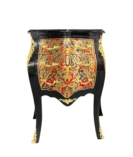 CasAmin Home & Living Deluxe Kommode im Barock Rokoko Stil Handgefertigt in Schwarz mit Mehrfarbigem Blattmotiv und Bronzenen Griffen Nachttisch für die Heimdekoration