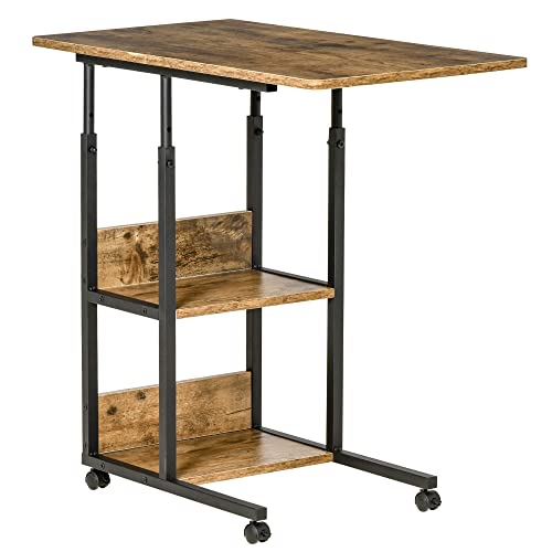 HOMCOM Industrial Style C-förmiger Beistelltisch, Design Nachttisch höhenverstellbar, 3 Ablagen und 4 Rollen mit Bremsen, Rustikales Braun