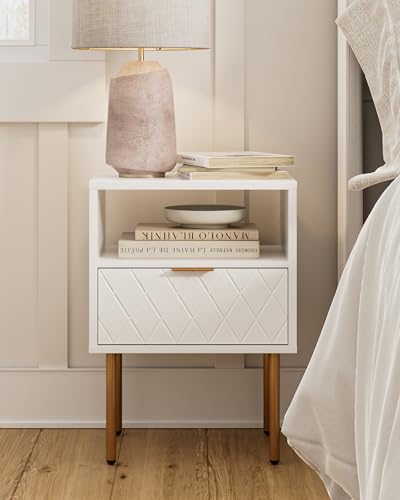 HEYZOEY Nachttisch, Nachtschrank mit 1 offenen Ablagen und 1 Schublade, Modern Nachtkästchen, Boho Nachtkommode für Schlafzimmer, Wohnzimmer, Weiß und Gold