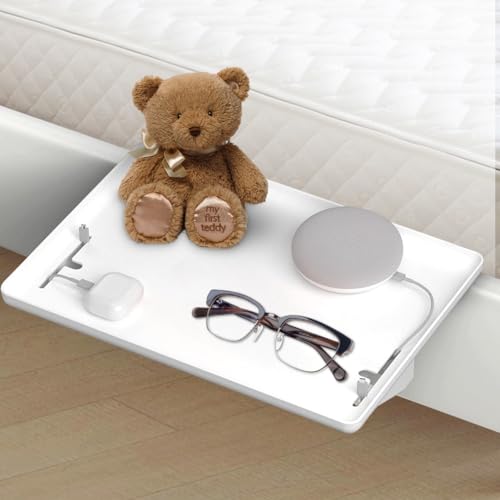 Nachttisch Hängend, Bettablage zum Einhängen mit Tassen- und Kabelhalter, Platzsparende Lösung für Kinderzimmer und Schlafräume, Nachttisch für Wohnheim, 32 x 23.3, Weiß