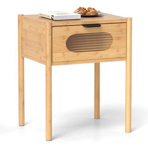 COSTWAY Nachttisch Bambus, Beistelltisch mit Schublade aus gehärtetem Glas, Nachtschrank, Nachtkonsole Holz, Nachtkommode für Schlafzimmer, Wohnzimmer, Natur, 40 x 40 x 50,5 cm