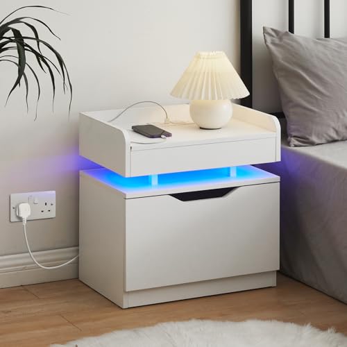 Nachttisch aus Holz, 2er Set mit Ladestation, 2 AC-Steckdosen, USB-Anschlüssen, verstellbaren LED-Lichtern, Aufbewahrungsschublade & Regal, idealer Beistelltisch für Schlafzimmer & Wohnzimmer