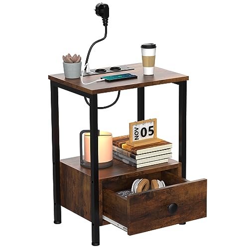 PIPIPOXER Nachttisch,Beistelltisch mit großen Stauraum,Beistelltisch mit eine Stoff Schublade für Sofa,Couchtisch,kleine Räume,Schlanker Beistelltisch für Wohnzimmer Schlafzimmer Büro Braun40x30x60cm