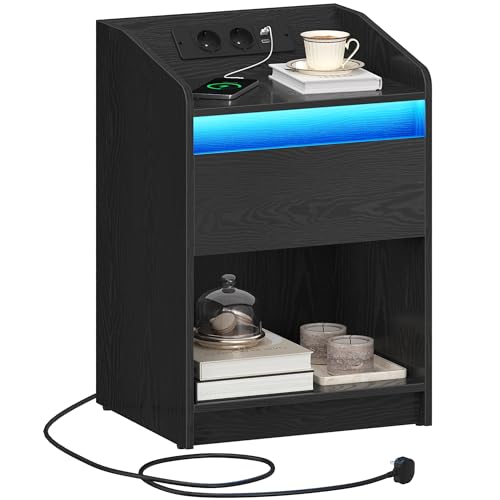 Hzuaneri Nachttisch mit LED-Licht, Beistelltisch mit Ladestation, 1 Aufbewahrungsschublade Nachttisch für Schlafzimmer, Wohnzimmer, 2 USB-Anschlüsse, 2 Steckdosen, offenes Fach, Schwarz NS04804X1