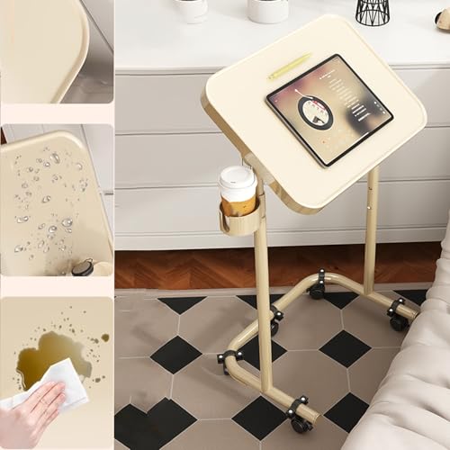 Hoher Nachttisch fürs Studentenwohnheim, C-förmiger Beistelltisch mit Rollen, höhenverstellbarer Rollschreibtisch, C-förmiger TV-Tabletttisch mit Rollen fürs Schlafzimmer (Beige)
