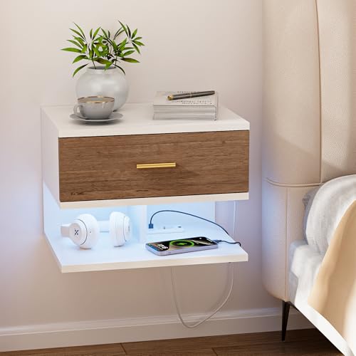 Nachttisch Hängend mit RGB LED-Beleuchtung & 1 AC-Steckdose/2 USB-Anschlüsse, Nachtkästchen Schwebend mit 1 Schublade & 2 Offenen Ablagen, 40 x 30 x 30 cm, für Schlaf & Wohnzimmer (1,Braun & Weiß)
