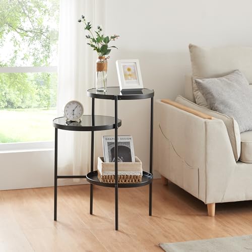 [en.casa] Beistelltisch Mölndal Wohnzimmertisch mit 3 Ablagen 70 x 58 x 37 cm Nachttisch Schwarz Abstelltisch Kaffeetisch Metall Glas Sofatisch