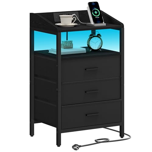 Hzuaneri Nachttisch mit LED-Leuchten und Ladestation, Beistelltisch mit 3 Stoff-Schubladen und Regalen, mit USB-Anschlüssen & Steckdosen, für Schlafzimmer, Wohnzimmer, Schwarz NS36304B